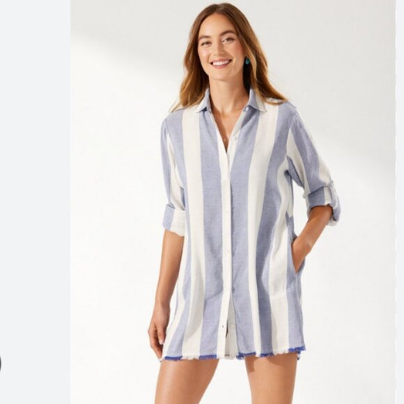 Tommy Bahama Rugby Beach Stripe‎ Boyfriend Cover-Up Shirt Medium - Picture 4 of 15